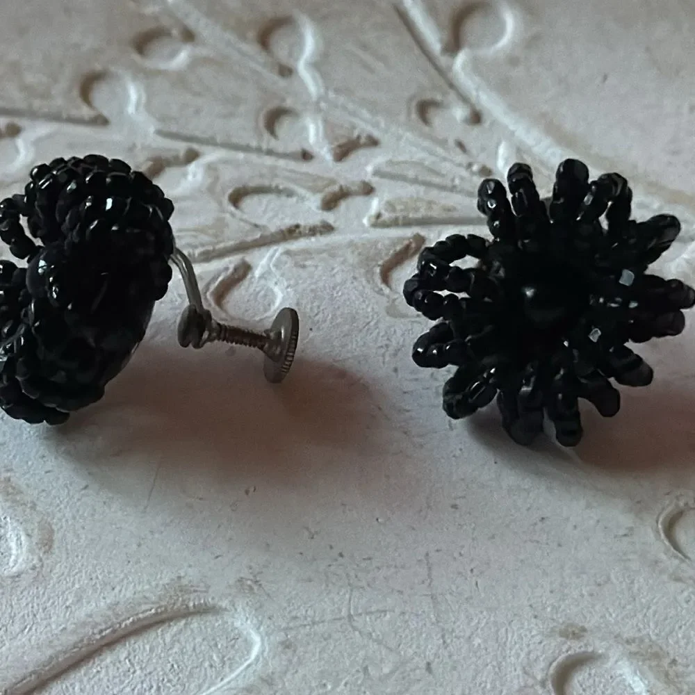 Black beaded vintage screw on earrings